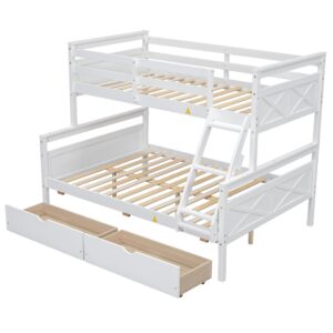 Merax Twin Over Full Bunk Bed, Kids Bedroom White Wooden Bunk Bed Frame, Convertible to 2 Separated Beds with 2 Big Drawers, Ladder & Guardrail for Teens, Wood Slat Support, Easy Assembly, White