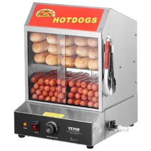 vevor hot dog steamer, 28.5qt, 2-tier hot dog hut steamer, 86℉~185℉ temperature control, electric bun warmer with tempered glass slide doors partition plate tong, stainless steel, for hot dogs & buns