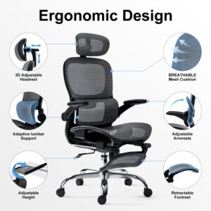 Ergonomic Office Chair,Office Chair with Tilt Function,Mesh Office Chair with Footrest,Ergonomic Chair with Adaptive Backrest, Adjustable Headrest,SGS Class 4 Gas Clylinder and Flip-Up Armrests