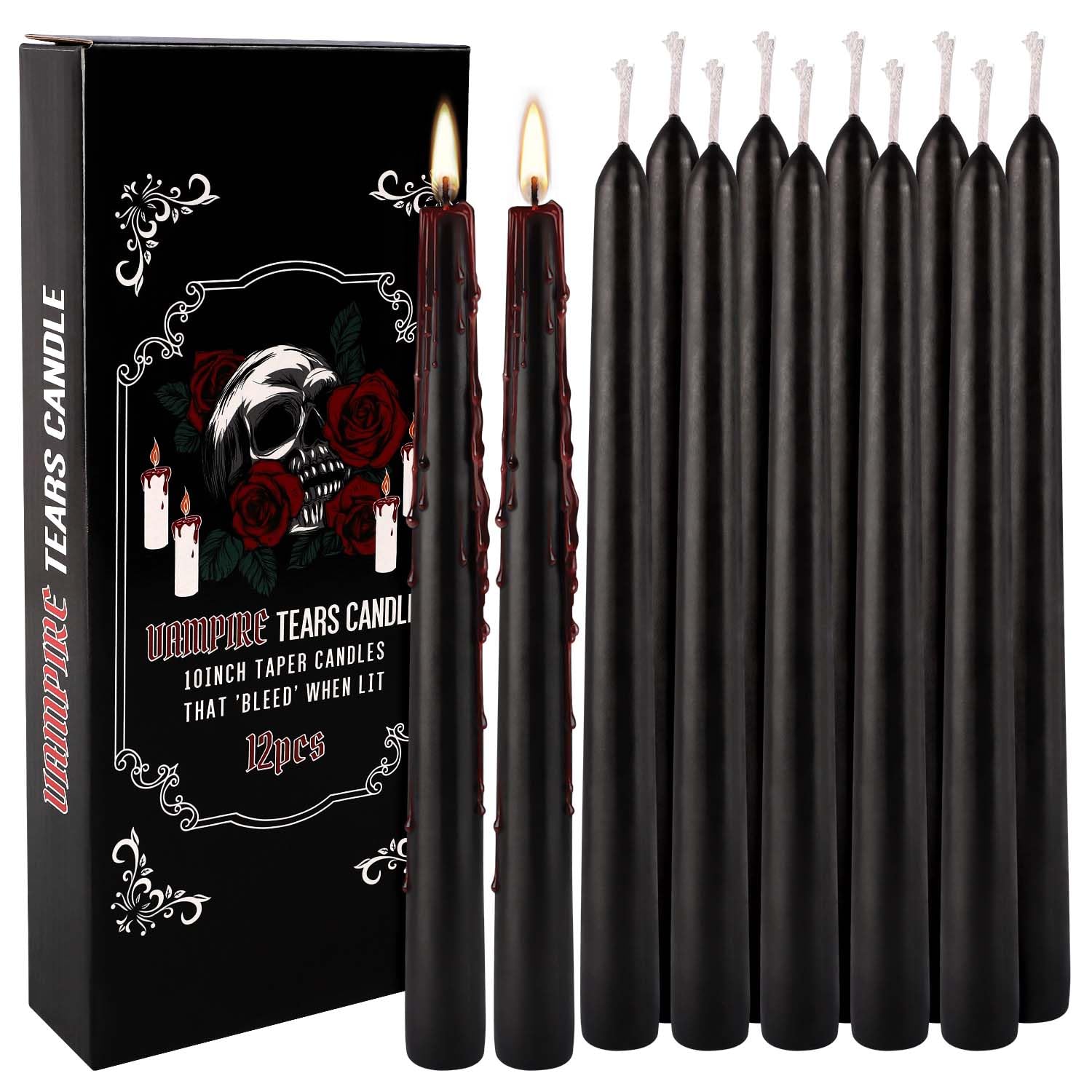 12PCS 10-Inch Black Bleeding Taper Candles,Vampire Tears Taper Candles- Unscented Ideal for Halloween, Christmas, Rituals, and Themed Party Decor