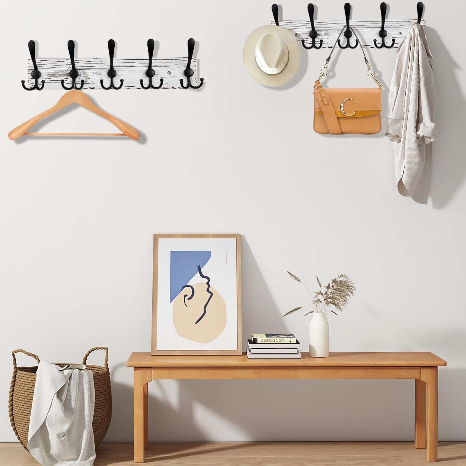 Kuhome Coat Rack Wall Mount Wooden Hat Rack for Wall Hooks Pine Real Wood Plank 16.9" White Coat Hanger with 5 Black Triple Hooks for Hanging Coat Hat Jacket