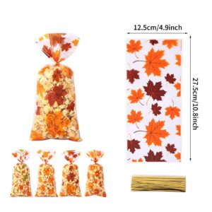 Totelux Fall Cellophane Goodie Bags Clear Plastic Gift Bags Pumpkin Maple Leaf Treat Bags with Ties for Cookies Candy Packaging Autumn Birthday Thanksgiving Party Favor Supplies 50PCS