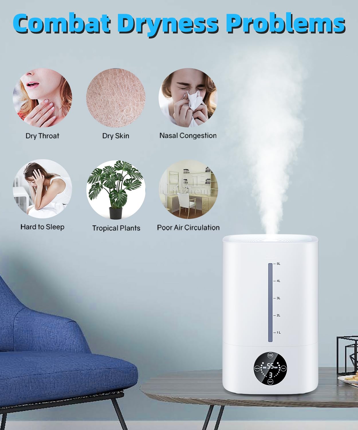 5L Humidifiers for Bedroom, 50H Runtime Humidifier for Large Room, Ultra-Quiet 28dB Cool Mist Air Humidifier for Home Baby Nursery & Plants, Auto Shut-off and BPA-Free for Safety, Easy to Clean