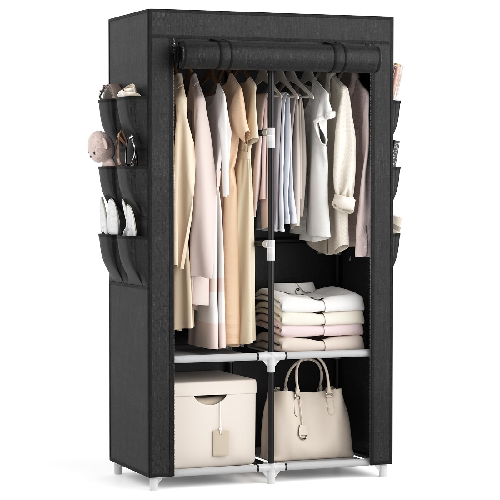 VTRIN Portable Closet Wardrobe Closet for Hanging Clothes with 4 Storage Shelves, 2 Hanging Rods and 6 Pockets, Stable and Easy Assembly Clothes Rack with Cover Free Standing Closet for Bedroom, Black