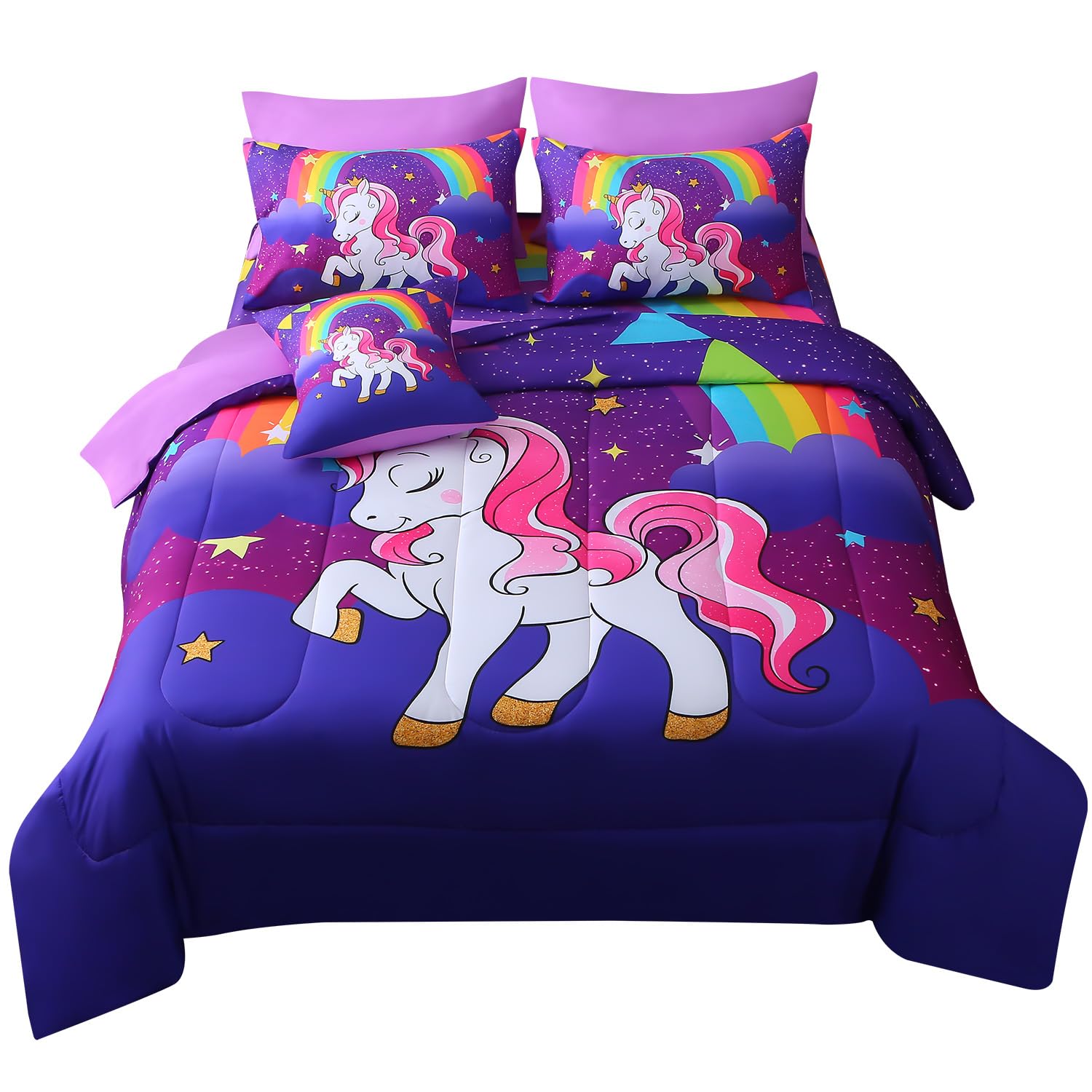 JQinHome Unicorn Twin Bedding Sets for Girls Kids,6 Piece Bed in A Bag 3D Purple Rainbow Theme Unicorn Comforter Set with Sheet Set(Rainbow)