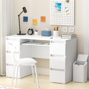 furniwood computer desk with 6 drawers,home office desks with storage,47 inch writing wood desk with drawers pc laptop vanity makeup desk,work study table desk for bedroom office,white