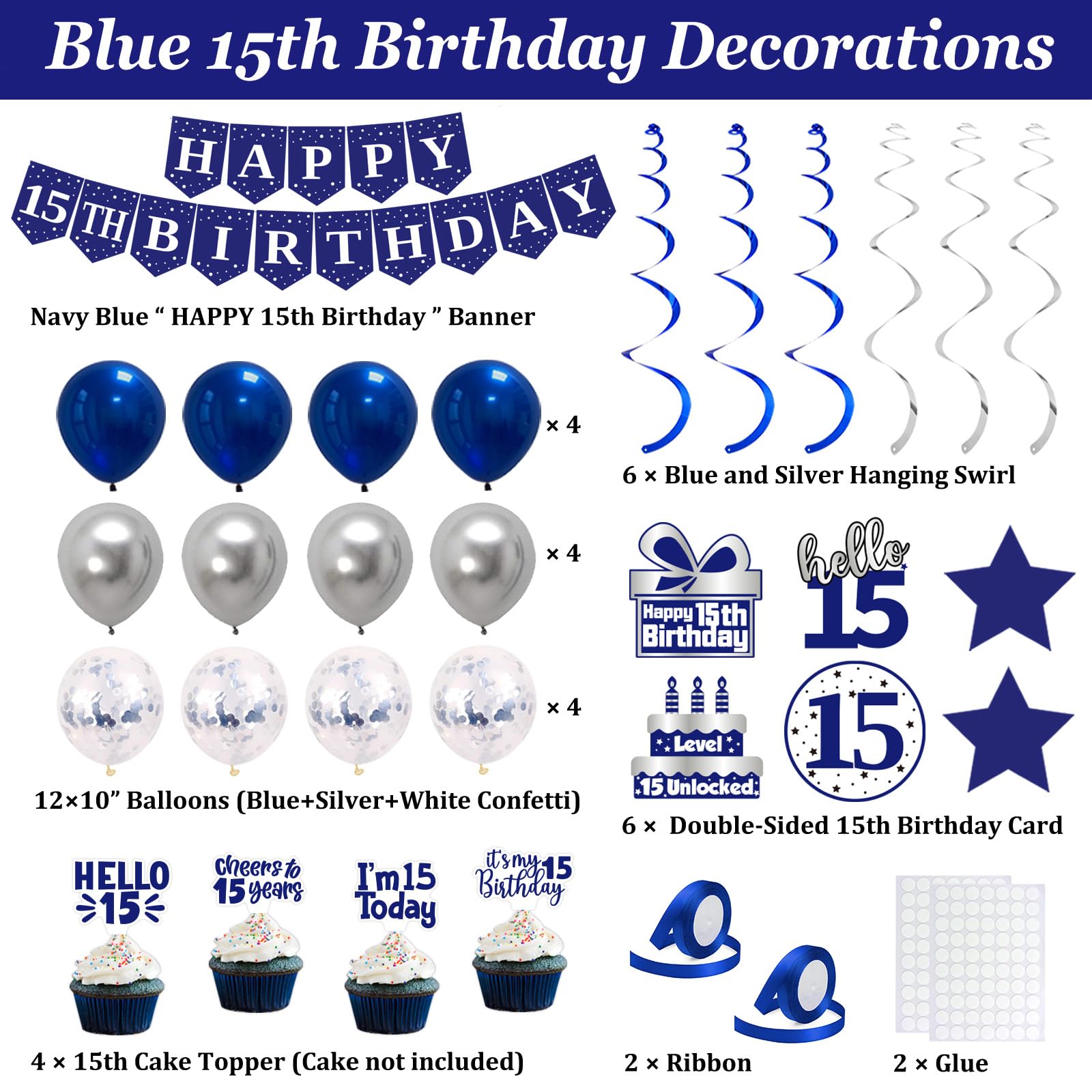 15th Birthday Decorations for Boys Girls, Blue Silver Happy 15th Birthday Party Decorations, Happy 15th Birthday Backdrop, Banner, Balloons, Hanging Swirls, Birthday Cards, Cake Toppers, Pompoms 54pcs