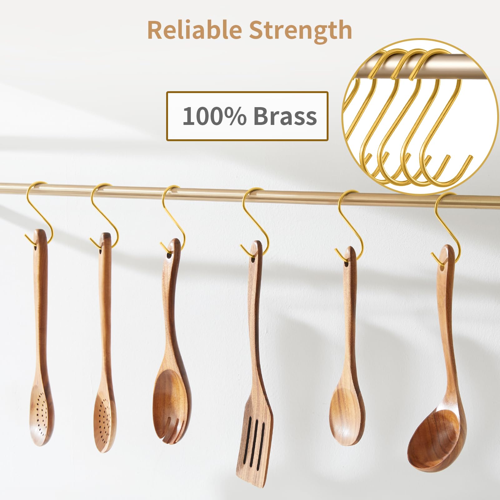 Airesly 6 Pack S Hooks Heavy Duty Brass & Copper Gold S Hooks - Gold Coat Hangers for Clothes, Brass Hooks for Towels, Kitchen Pots & Pans, Coffee Cups, Bird Feeders & Plants（Brass Gold）