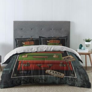 Luggage Rustic Duvet Cover Sets Wood Grain Red Black Green Box Bedding Sets 3 Pcs Soft Comforter Covet Set Including 1 Quilt Cover 2 Pillow Cases,Queen Size Comforter Cover Set with Zipper Closure