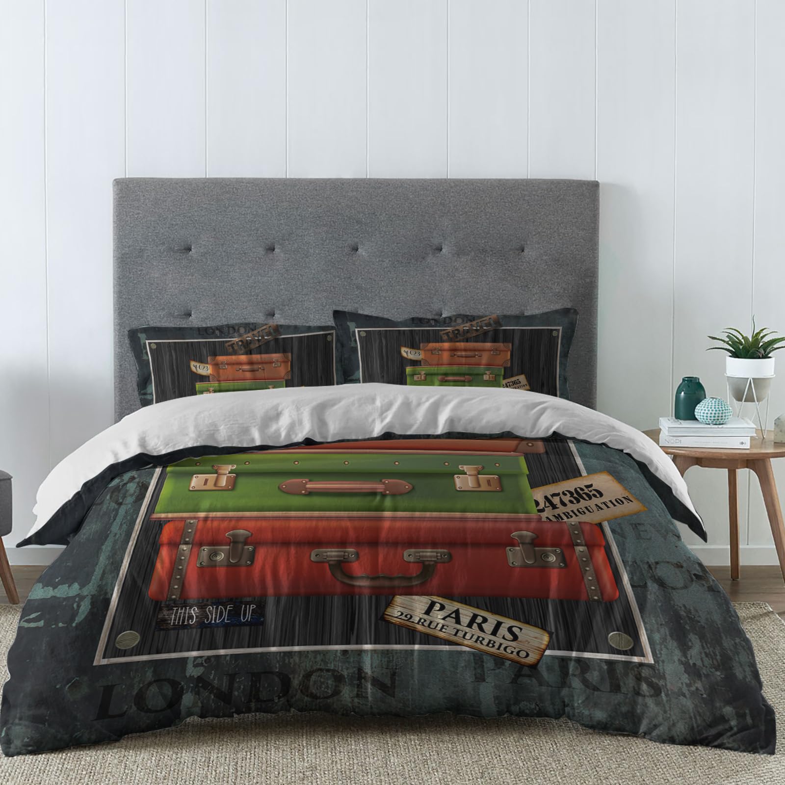 Luggage Rustic Duvet Cover Sets Wood Grain Red Black Green Box Bedding Sets 3 Pcs Soft Comforter Covet Set Including 1 Quilt Cover 2 Pillow Cases,Queen Size Comforter Cover Set with Zipper Closure