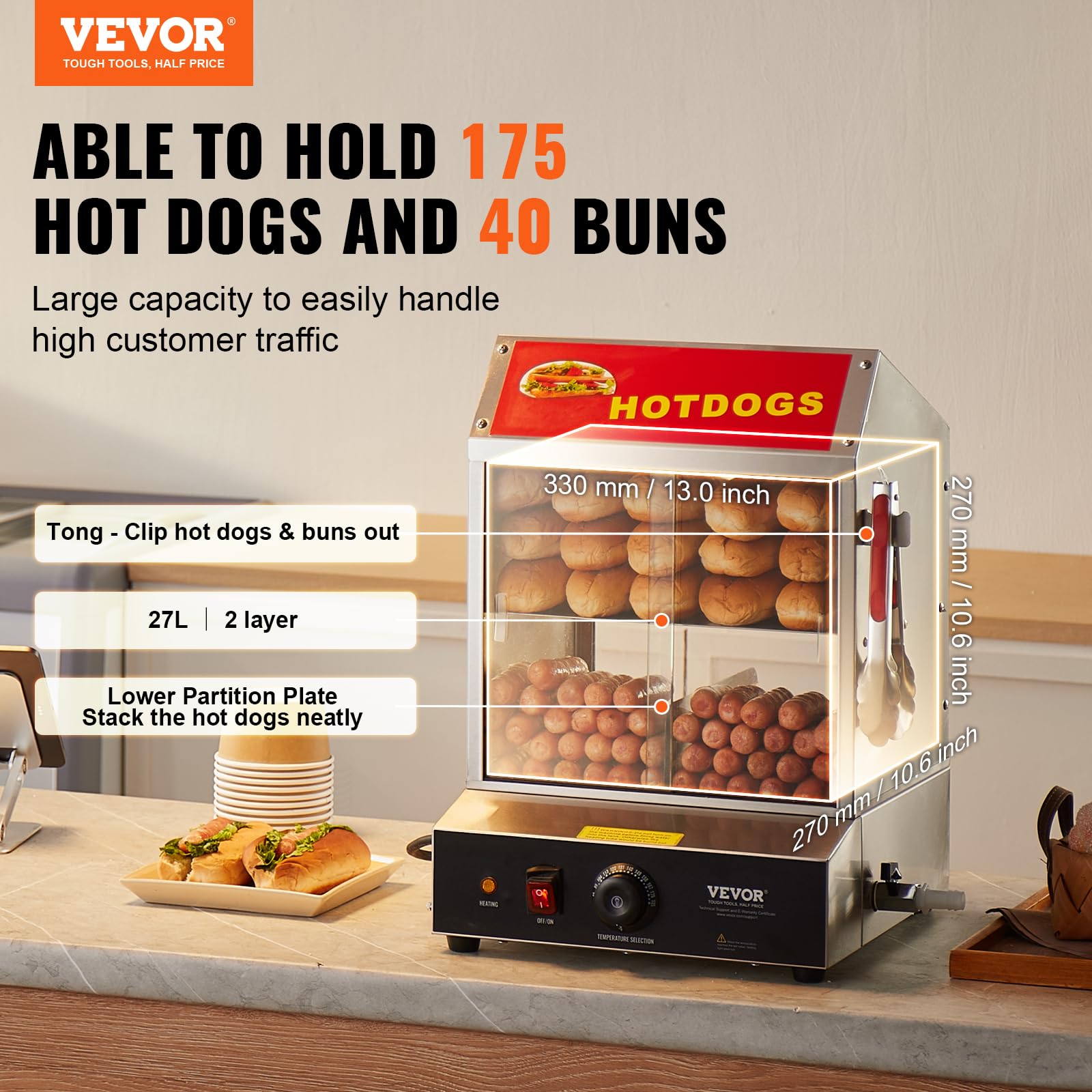 VEVOR Hot Dog Steamer, 28.5QT, 2-Tier Hot Dog Hut Steamer, 86℉~185℉ Temperature Control, Electric Bun Warmer with Tempered Glass Slide Doors Partition Plate Tong, Stainless Steel, for Hot Dogs & Buns