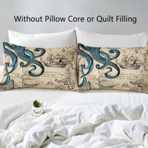 LUVIVIHOME 3PCS Ocean Octopus Duvet Cover Queen Bedding Sets, Nautical Coastal Sailboat Lighthouse Mermaid Teal Kraken Tentacles Marine Sea Animal Vintage Brown Comforter Quilt Cover, 2 Pillow Cases