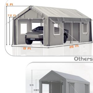 GarveeLife 13'x25'x11' Carport Oversized, Portable Garage with 180g PE Tarps, 19 Gauge Poles, 6 Roll-up Doors, and 4 Mesh Windows, Suitable for Full-Size Pickups Bass Boats, Tractors, and SUVs, Gray