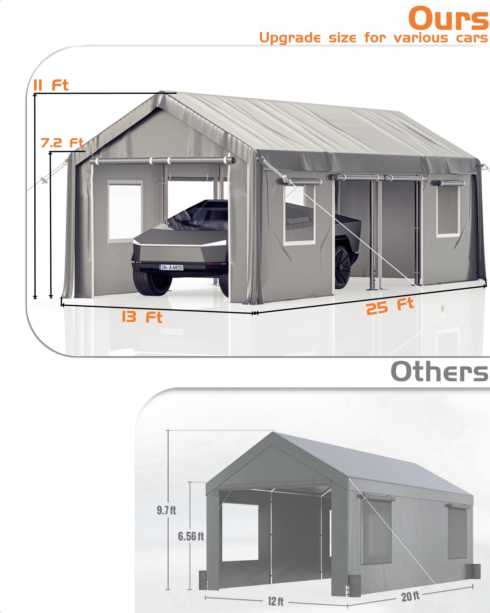 GarveeLife 13'x25'x11' Carport Oversized, Portable Garage with 180g PE Tarps, 19 Gauge Poles, 6 Roll-up Doors, and 4 Mesh Windows, Suitable for Full-Size Pickups Bass Boats, Tractors, and SUVs, Gray