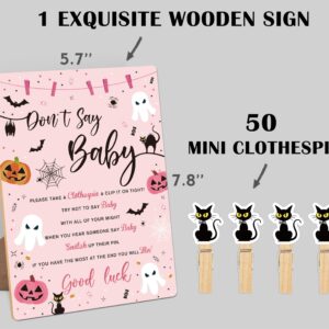 Don't Say Baby Clothespin Game, Halloween Baby Shower Game Wood Sign and 50 Pcs Mini Clothespins, Gender Neutral, Halloween Baby Shower Party Decoration Favors Supplies, Halloween Decor-2