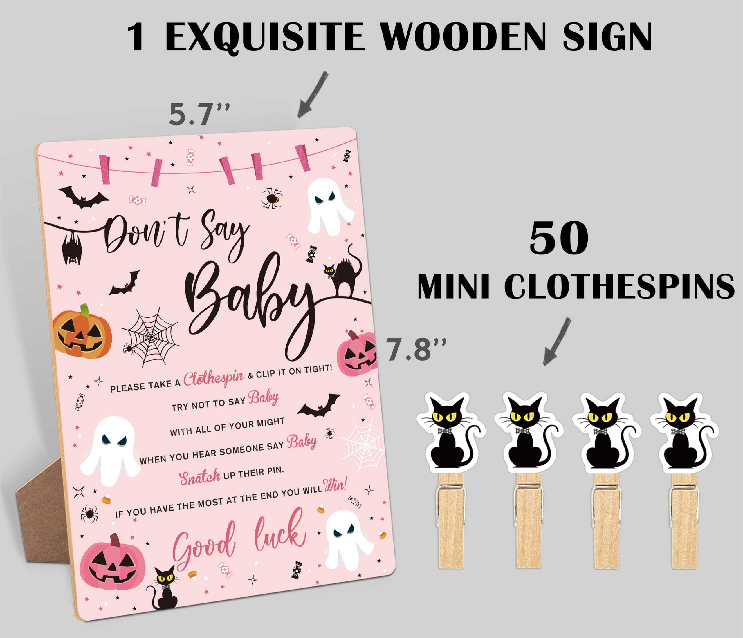 Don't Say Baby Clothespin Game, Halloween Baby Shower Game Wood Sign and 50 Pcs Mini Clothespins, Gender Neutral, Halloween Baby Shower Party Decoration Favors Supplies, Halloween Decor-2