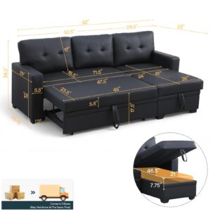 Skepphlay Sleeper Sectional Sofa L Shape Sofa Bed Couch Faux Leather with Pull Out Bed Convertible Sleeper Sofa with Storage Chaise Lounge for Living Room Apartment Dorm Furniture Sets, Black