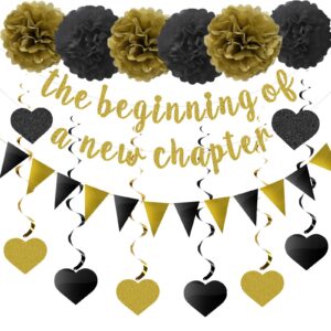 the beginning of a new chapter banner funny going away party graduation happy retirement party decorations supplies glitter black gold goodbye farewell party decoration for coworker friends graduates