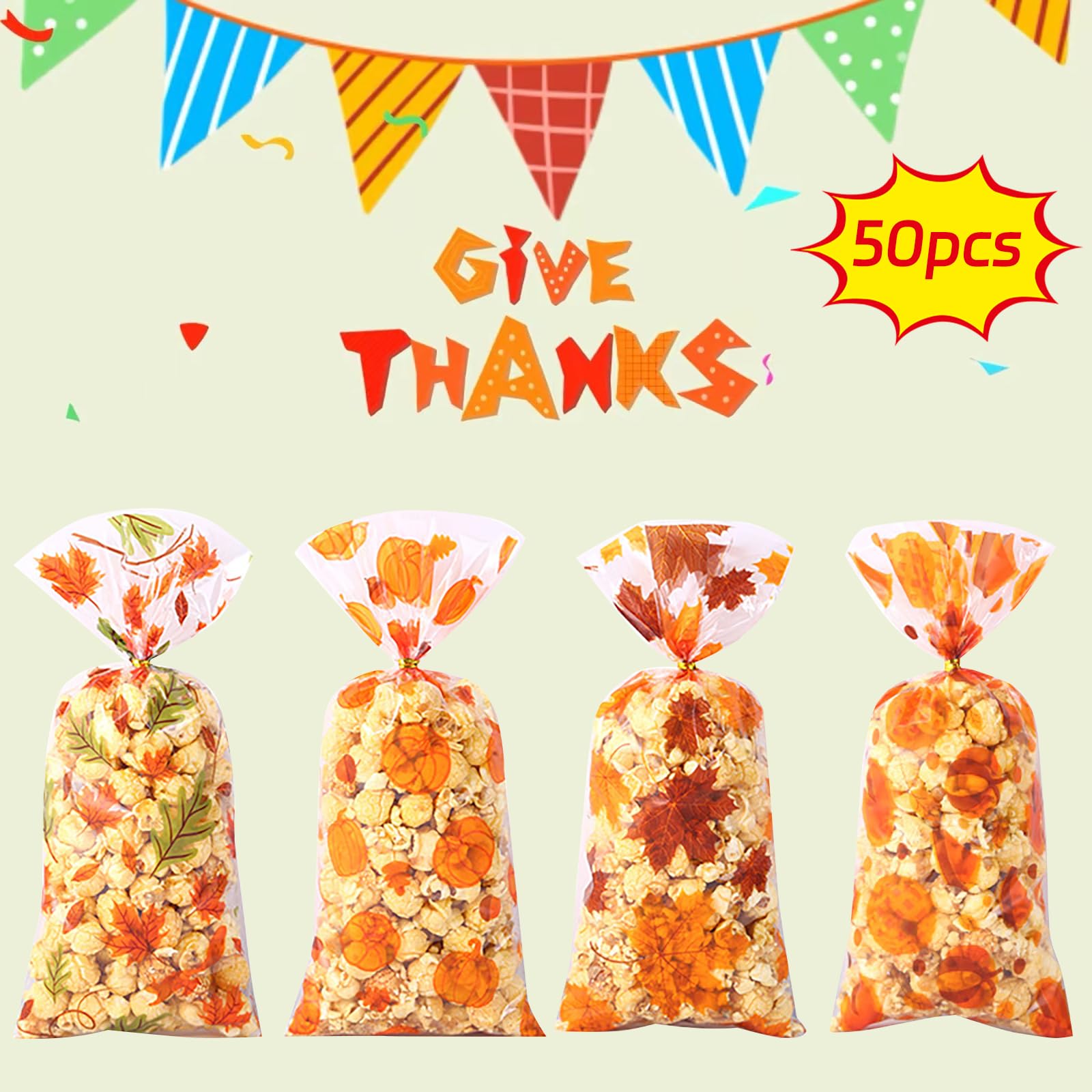 Totelux Fall Cellophane Goodie Bags Clear Plastic Gift Bags Pumpkin Maple Leaf Treat Bags with Ties for Cookies Candy Packaging Autumn Birthday Thanksgiving Party Favor Supplies 50PCS