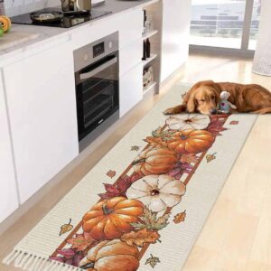 Fall Kitchen Runner Rug 2x5 Bedside Rug with Tassel Cotton Woven Throw Rugs Washable Hallway Runner Rug Thanksgiving Orange Pumpkin Maple Leaf Beige Floor Carpet for Bedroom Bathroom Living Room