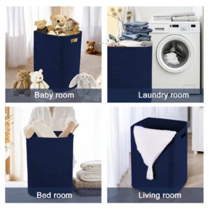 RRM Laundry Hamper 75L,13''x16''x22'' Tall Woven Cotton Laundry Basket with Handle, Decorative Storage Basket for Dirty Clothes Blankets Toys in Living/Bath/Baby/Laundry Room,Blue