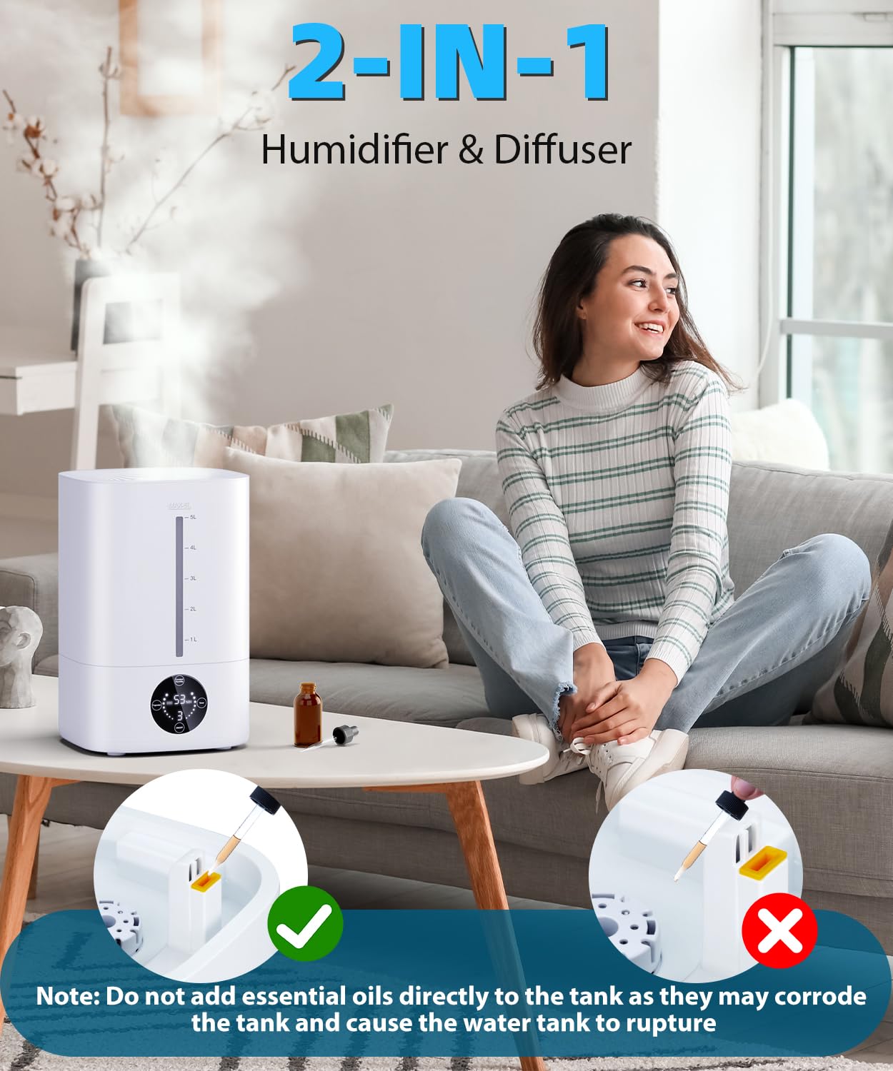 5L Humidifiers for Bedroom, 50H Runtime Humidifier for Large Room, Ultra-Quiet 28dB Cool Mist Air Humidifier for Home Baby Nursery & Plants, Auto Shut-off and BPA-Free for Safety, Easy to Clean