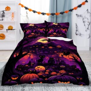 diuudi halloween elements duvet cover king size 3d printed black cat pumpkin tree duvet cover set purple and orange bedding set comforter cover cozy quilt cover with 2 pillowcases