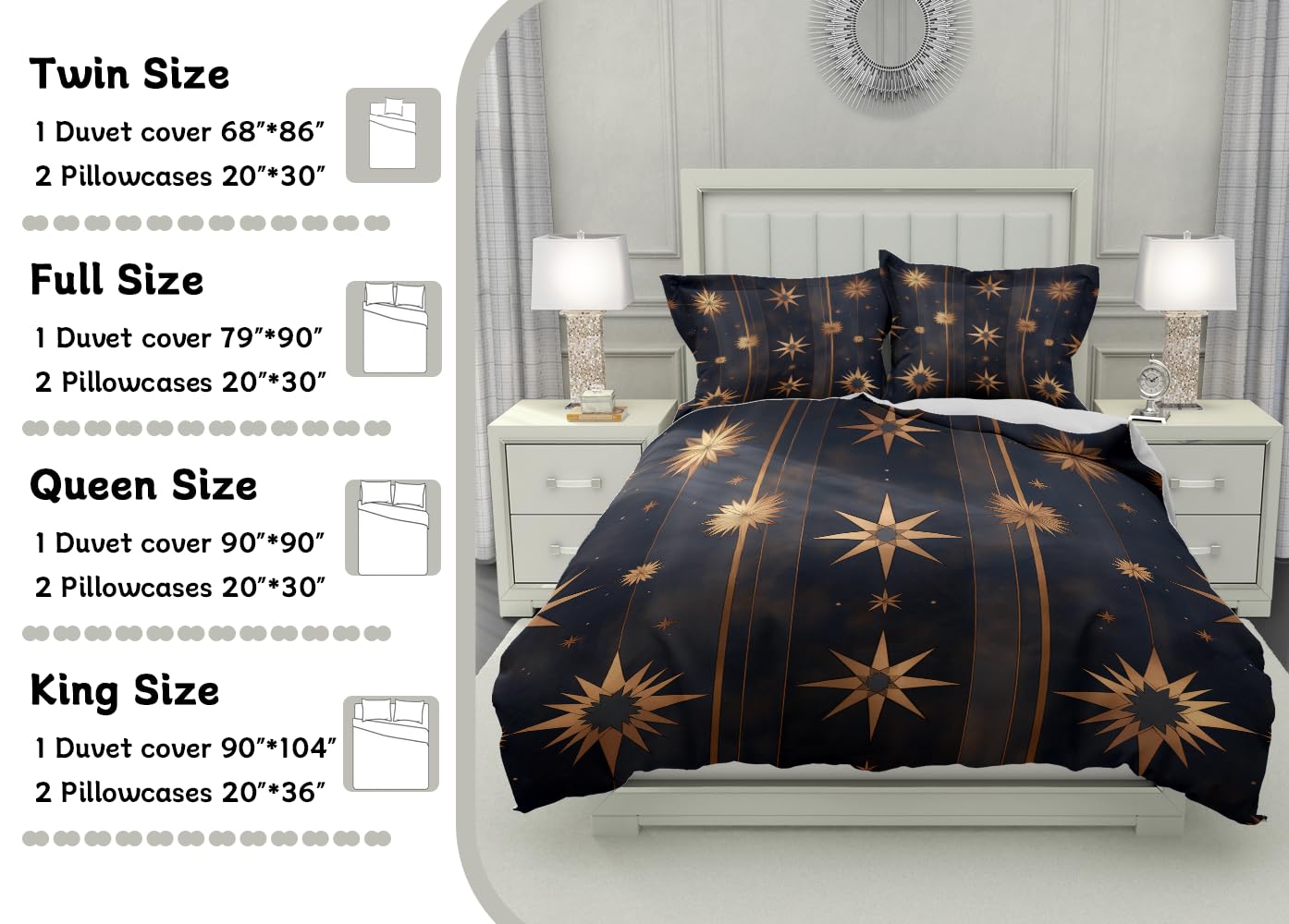 Lokaluo Starlight Duvet Cover Full Size 3D Printed Golden Stars Full Duvet Cover Set Sparkling Starry Sky Galaxy Bohemia Bedding Set Home Decor 3 Pcs Comforter Cover with 2 Pillowcases