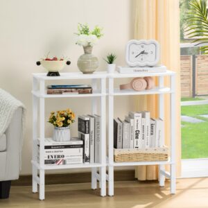 YUFAM 28in Tall Side Tables Set of 2, 3 Tier Small end tables for small spaces, narrow entryway tables with Storage, entrance tables for front door, Wooden frame, for Living Room, Bedroom, Hall, White