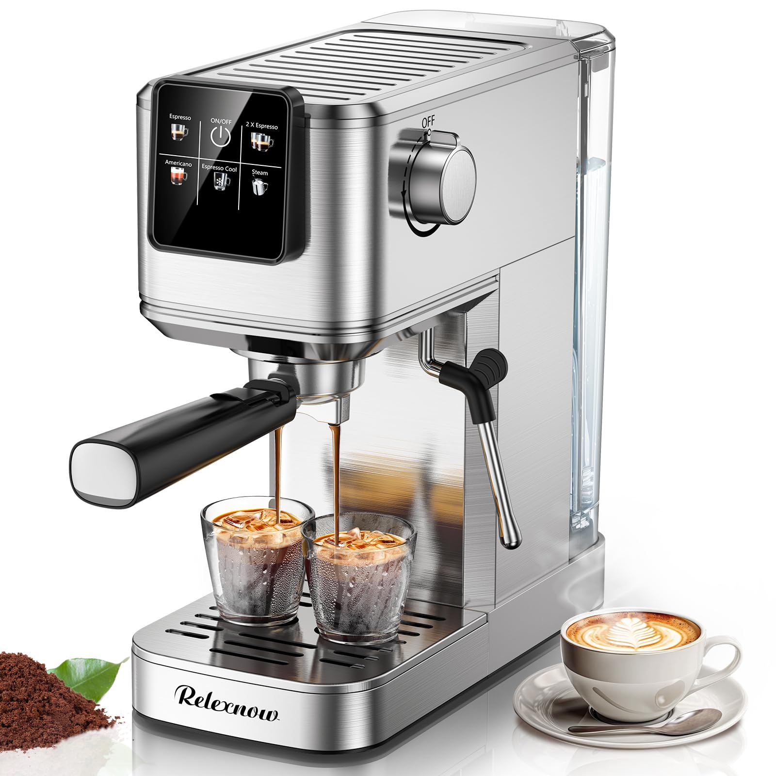 RELEXNOW Espresso Machine, 20 Bar Espresso Maker Milk Frother & LCD Panel, Hot & Iced Coffee Machine,Stainless Steel Espresso Coffee Machine with 41oz Water Tank for Cappuccino, Latte