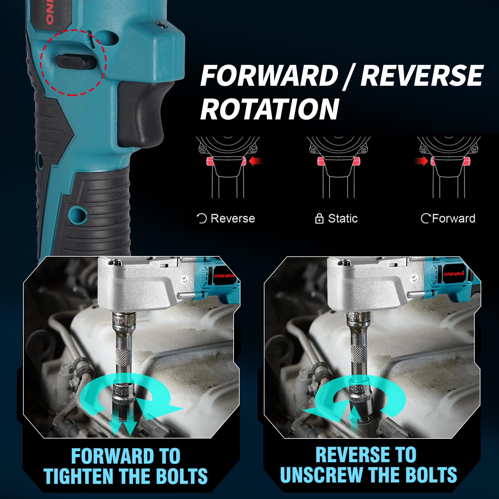 ONEVAN Cordless Electric Ratchet Wrench Set, 412FT-LBS(550N.m), 1600 RPM, 20V Cordless Ratchet Wrench 1/2” with 2 Pack 2.0Ah Batteries and Fast Charger, 7 Sockets, Adapte