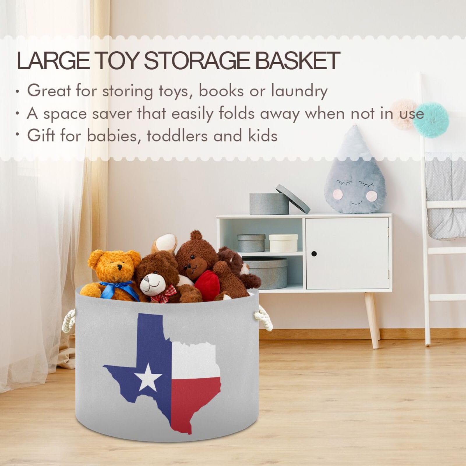 Krafig Texas Map Round Collapsible Storage Basket, Large Toy Storage, Laundry Baskets, Open Home Storage Bins for Toy Organizer, Home Decor, Clothes, Toys