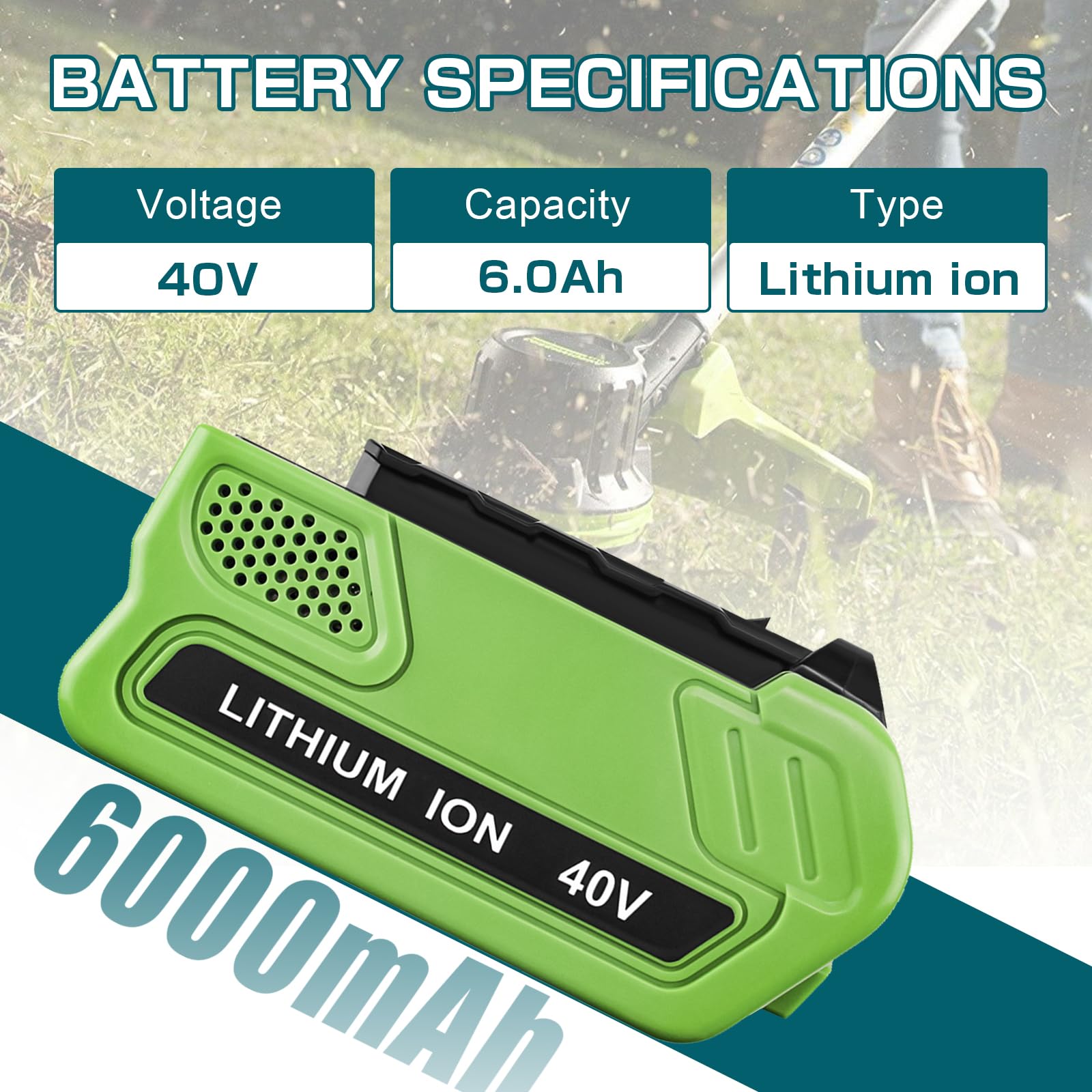 6.0Ah 40 Volt Lithium Battery Replacement for GreenWorks 40V Battery Compatible with GreenWorks Battery Compatible with GreenWorks G-MAX 40V 29472 29462 2901319 24282 24252 21332 25322 20672 (Green)