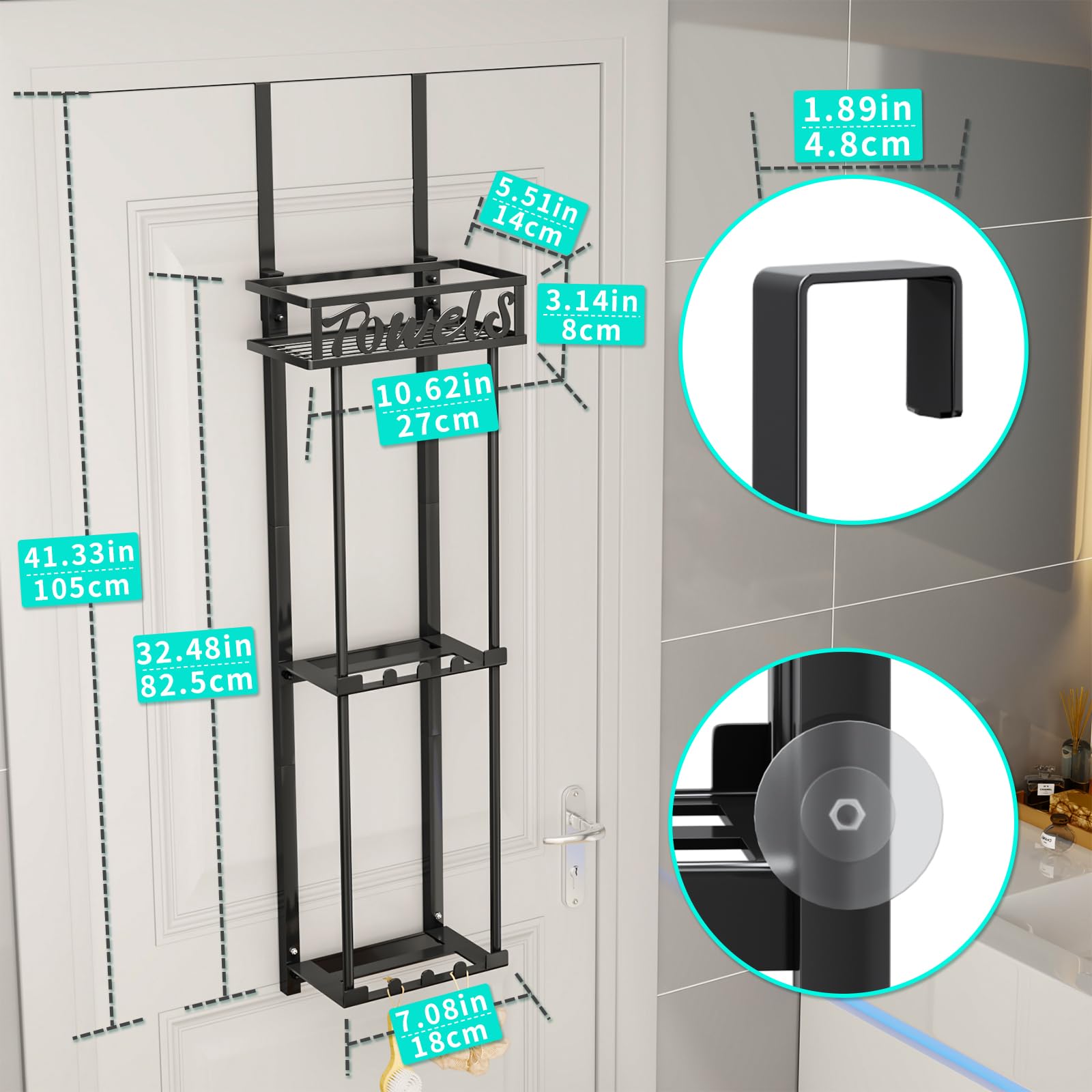 HapiRm Towel Rack Bathroom Storage - 3 Tier Over The Door Towel Rack with Metal Shelf Basket and 6 Hooks, Wall Mount Towel Holder, Rolled Towel Organizer for Small Bathroom (Black)