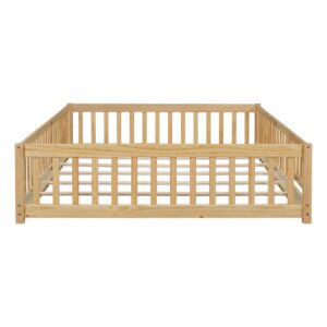 Bellemave Queen Size Floor Bed with Door,Kids Montessori Floor Bed with Slats and Fence,Solid Wood Queen Bed Frame for Girls Boys(Queen,Natural)