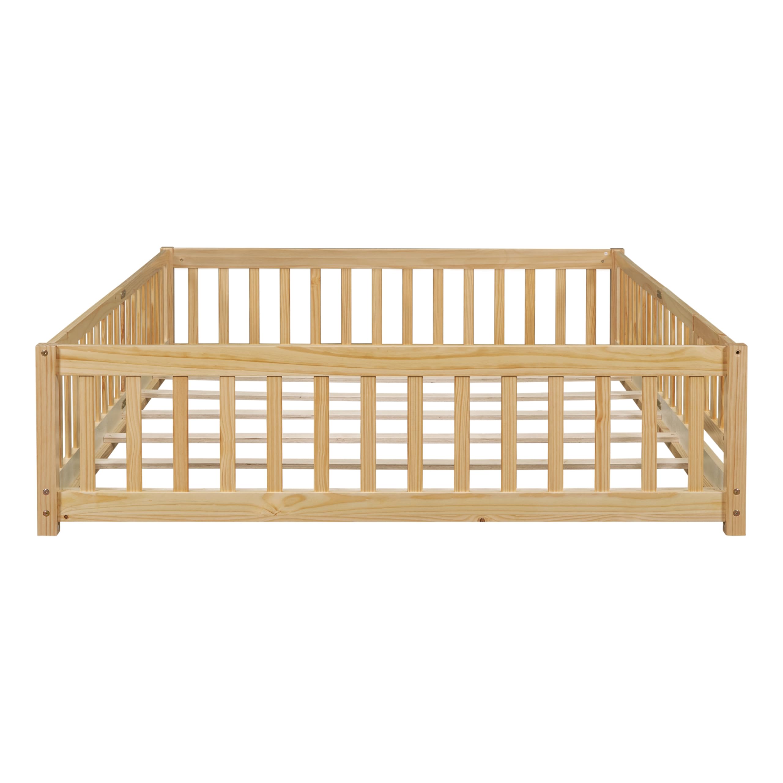 Bellemave Queen Size Floor Bed with Door,Kids Montessori Floor Bed with Slats and Fence,Solid Wood Queen Bed Frame for Girls Boys(Queen,Natural)