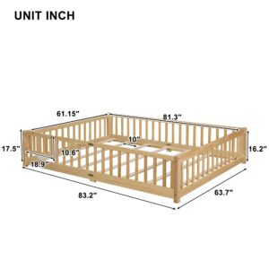 Bellemave Queen Size Floor Bed with Door,Kids Montessori Floor Bed with Slats and Fence,Solid Wood Queen Bed Frame for Girls Boys(Queen,Natural)