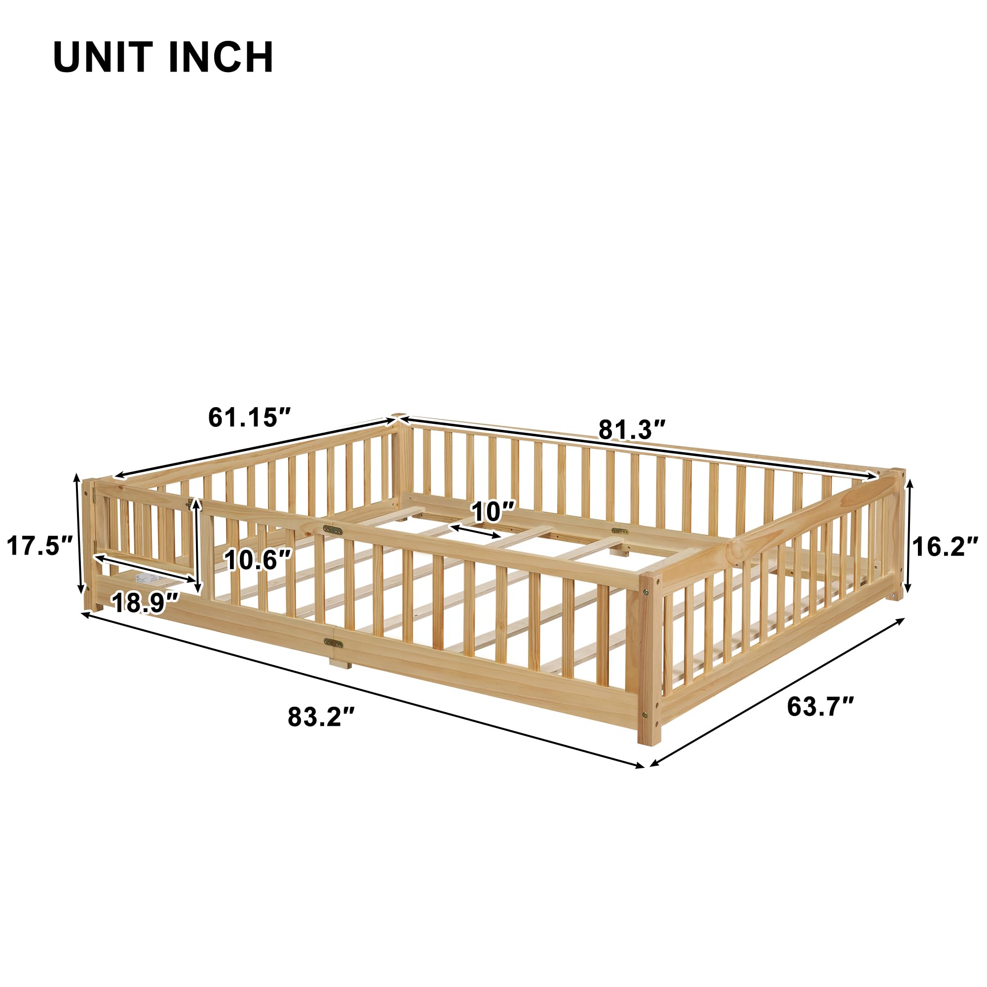 Bellemave Queen Size Floor Bed with Door,Kids Montessori Floor Bed with Slats and Fence,Solid Wood Queen Bed Frame for Girls Boys(Queen,Natural)