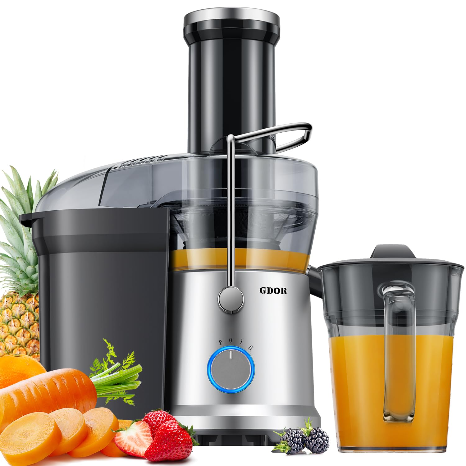 GDOR Powerful 1200W Juicer with Larger 3.2" Feed Chute, 45oz Large Juice Jug, Centrifugal Juice Extractor Maker with Titanium Enhanced Cutting System, Dual Speeds, BPA-Free, Silver