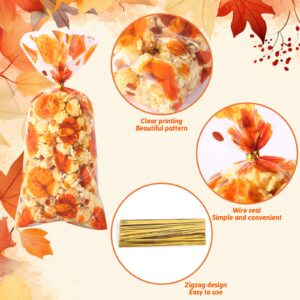 Totelux Fall Cellophane Goodie Bags Clear Plastic Gift Bags Pumpkin Maple Leaf Treat Bags with Ties for Cookies Candy Packaging Autumn Birthday Thanksgiving Party Favor Supplies 50PCS