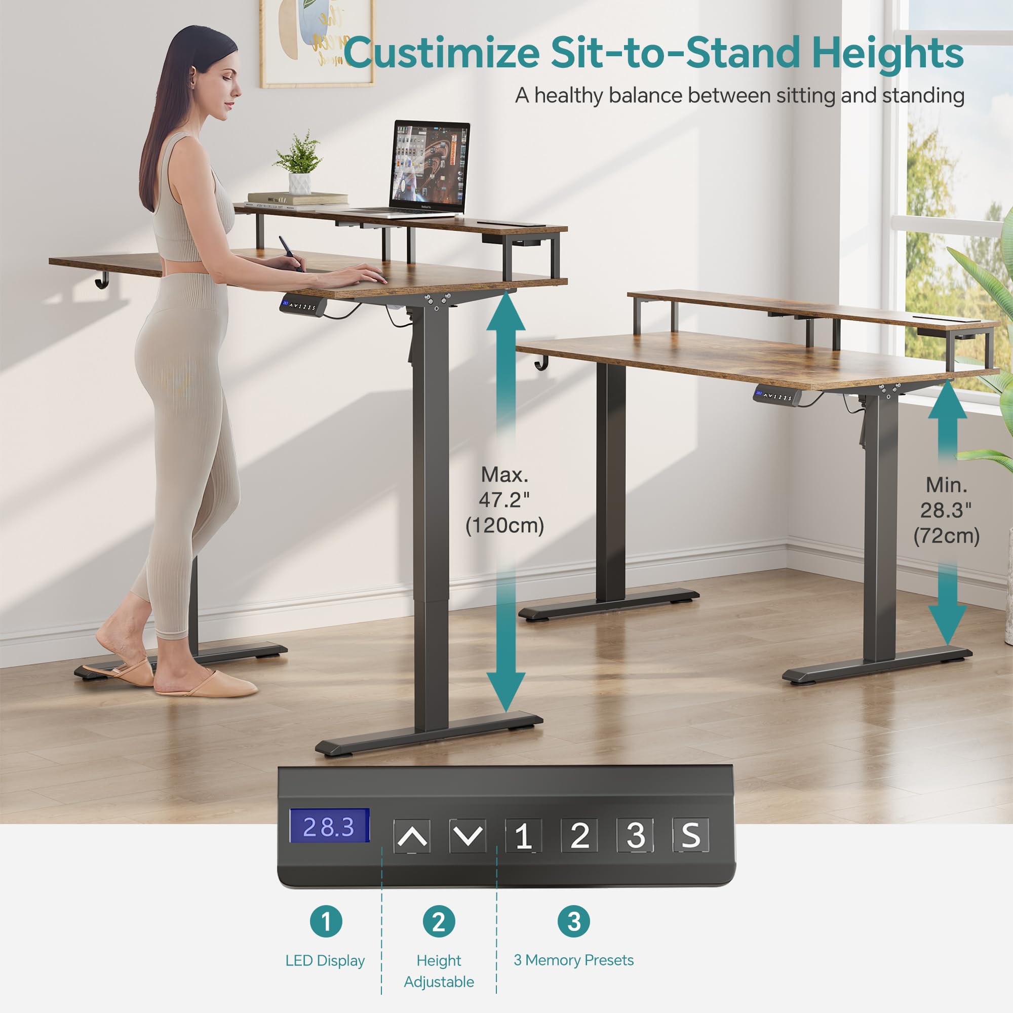 Mr IRONSTONE Electric Standing Desk with Monitor Shelf, 47" x 27" Height Adjustable Desk with 3 AC Outlets & 2 USB Ports, Sit Stand Up Desk Home Office Computer Desk (Rustic Brown)