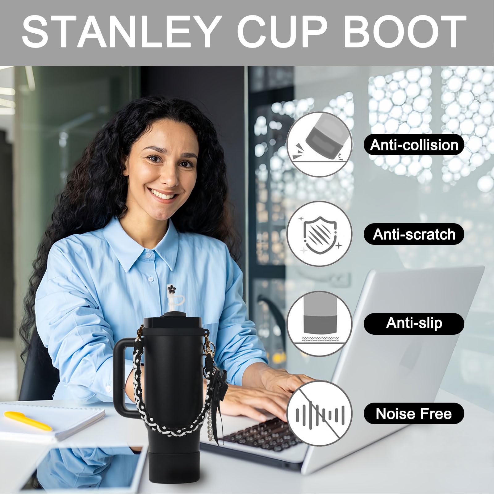 BELSITA Stanley Cup Accessories Set, Bow Pearl Chain Braided Design Water Bottle Handle Strap, Silicone Stanley Cup Boot, Stanley Charms for Stanley Cup 30/40oz Tumble (Black)