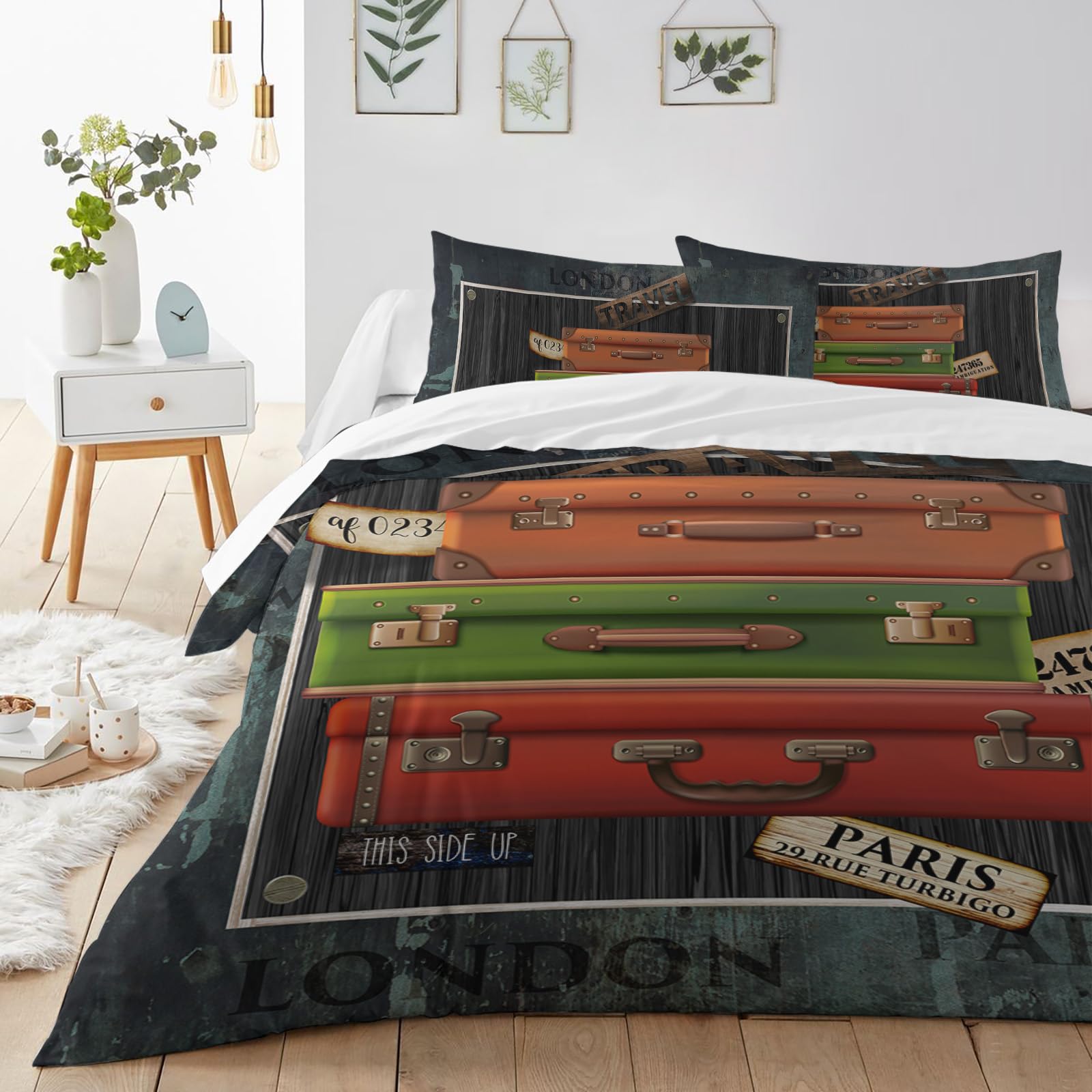 Luggage Rustic Duvet Cover Sets Wood Grain Red Black Green Box Bedding Sets 3 Pcs Soft Comforter Covet Set Including 1 Quilt Cover 2 Pillow Cases,Queen Size Comforter Cover Set with Zipper Closure