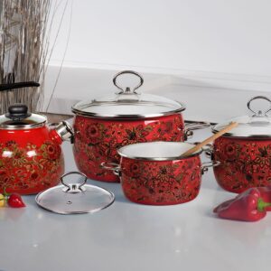 HOMEHUT Traditional Khokhloma Vitross Imperio Enamelware Pot - Durable Enameled Steel Heat-Resistant Stock Pot Set with Glass Lid, Hygienic and Dishwasher Safe 4L