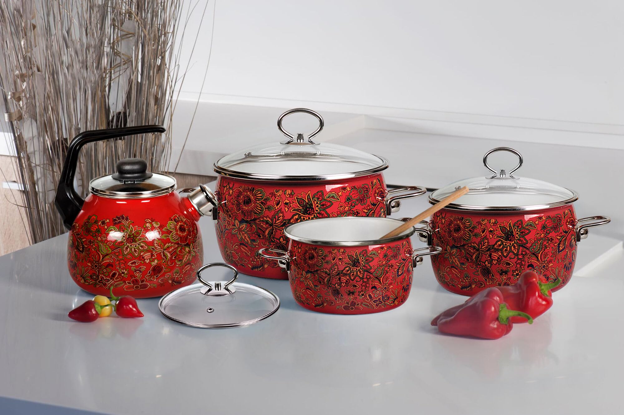 HOMEHUT Traditional Khokhloma Vitross Imperio Enamelware Pot - Durable Enameled Steel Heat-Resistant Stock Pot Set with Glass Lid, Hygienic and Dishwasher Safe 4L