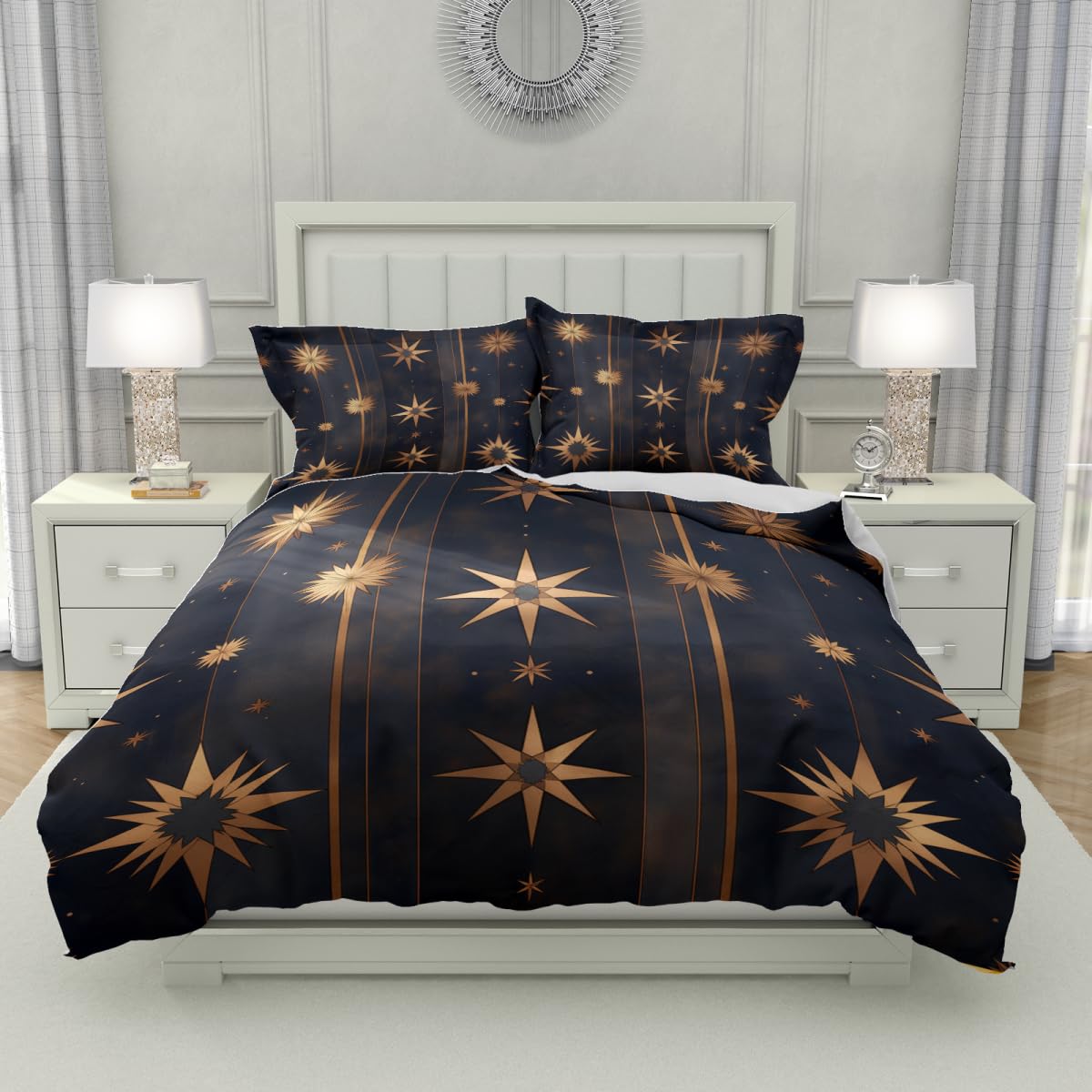 Lokaluo Starlight Duvet Cover Full Size 3D Printed Golden Stars Full Duvet Cover Set Sparkling Starry Sky Galaxy Bohemia Bedding Set Home Decor 3 Pcs Comforter Cover with 2 Pillowcases