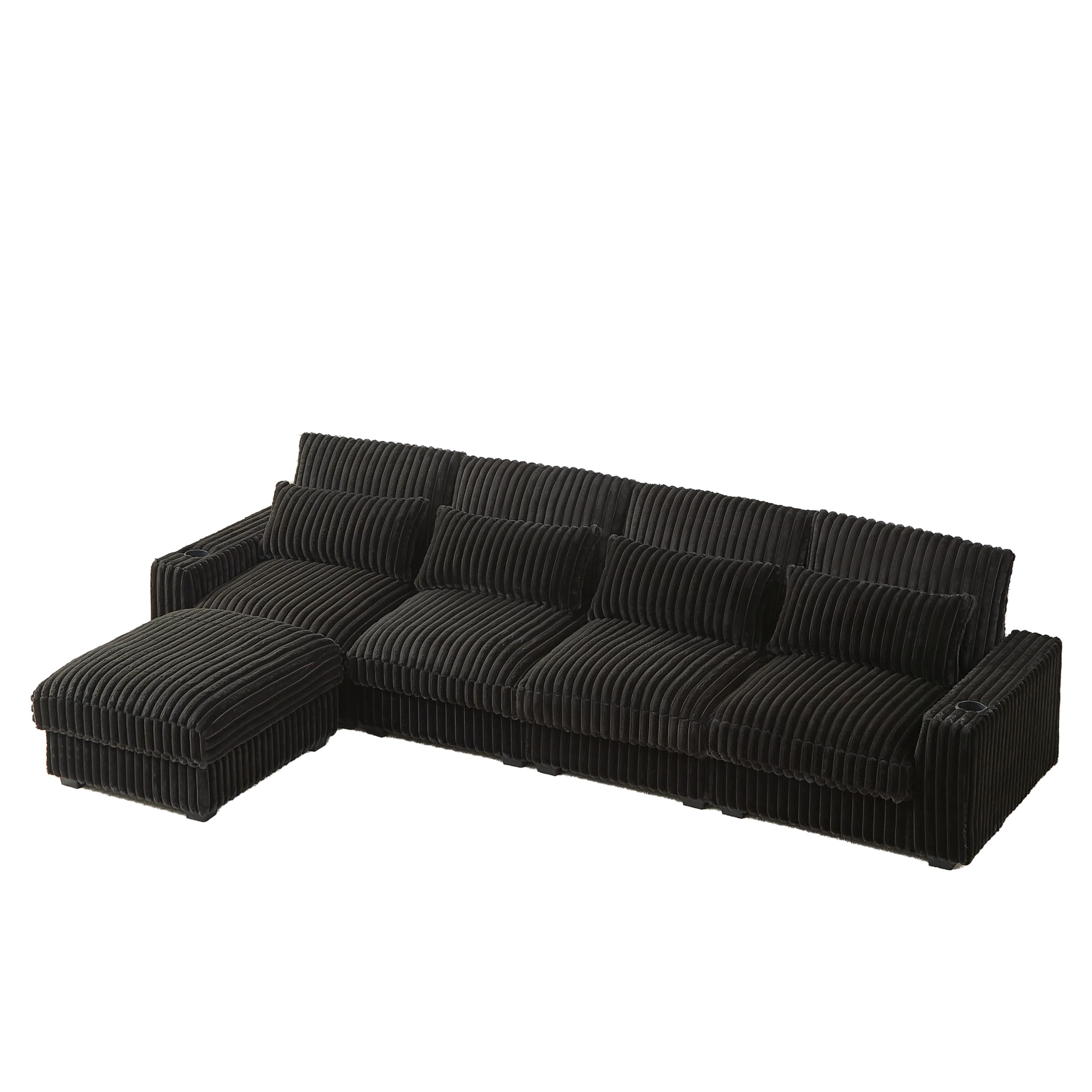 Yoglad 128'' L Shaped Modular Sectional Sofa, Cozy Oversized Corduroy Couch with Cup Holders and Charging Port, 4-Seater Sofa with Ottoman for Livingroom Apartment Office (Black)