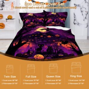 DiuuDi Halloween Elements Duvet Cover King Size 3D Printed Black Cat Pumpkin Tree Duvet Cover Set Purple and Orange Bedding Set Comforter Cover Cozy Quilt Cover with 2 Pillowcases