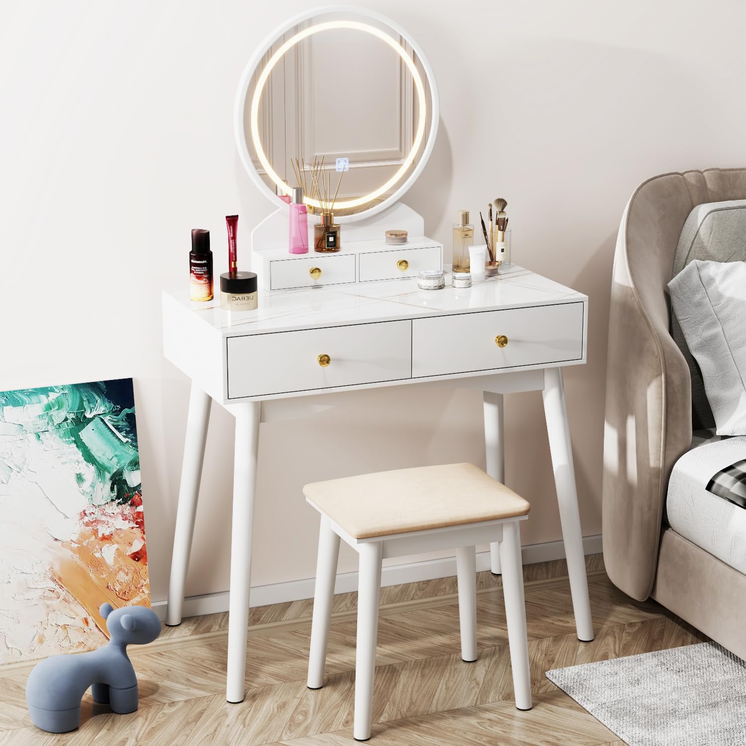 JUMMICO Makeup Vanity Desk with Round Mirror and Lights, Vanity Table Makeup Desk 4 Storage Drawers 3 Adjustable Colors LED Lights Matched Soft Cushioned Stool for Girls Bedroom (White) …