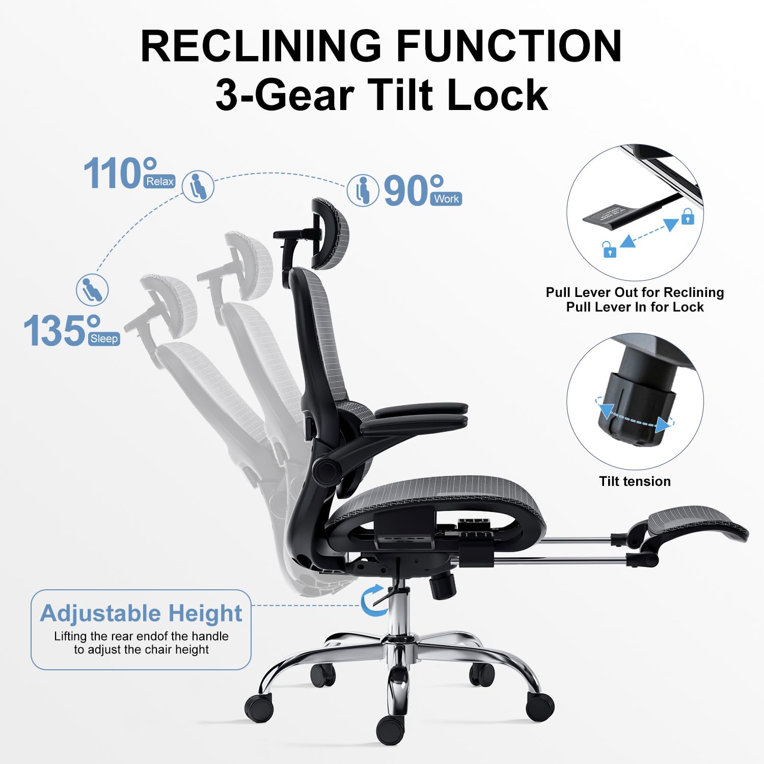 Ergonomic Office Chair,Office Chair with Tilt Function,Mesh Office Chair with Footrest,Ergonomic Chair with Adaptive Backrest, Adjustable Headrest,SGS Class 4 Gas Clylinder and Flip-Up Armrests